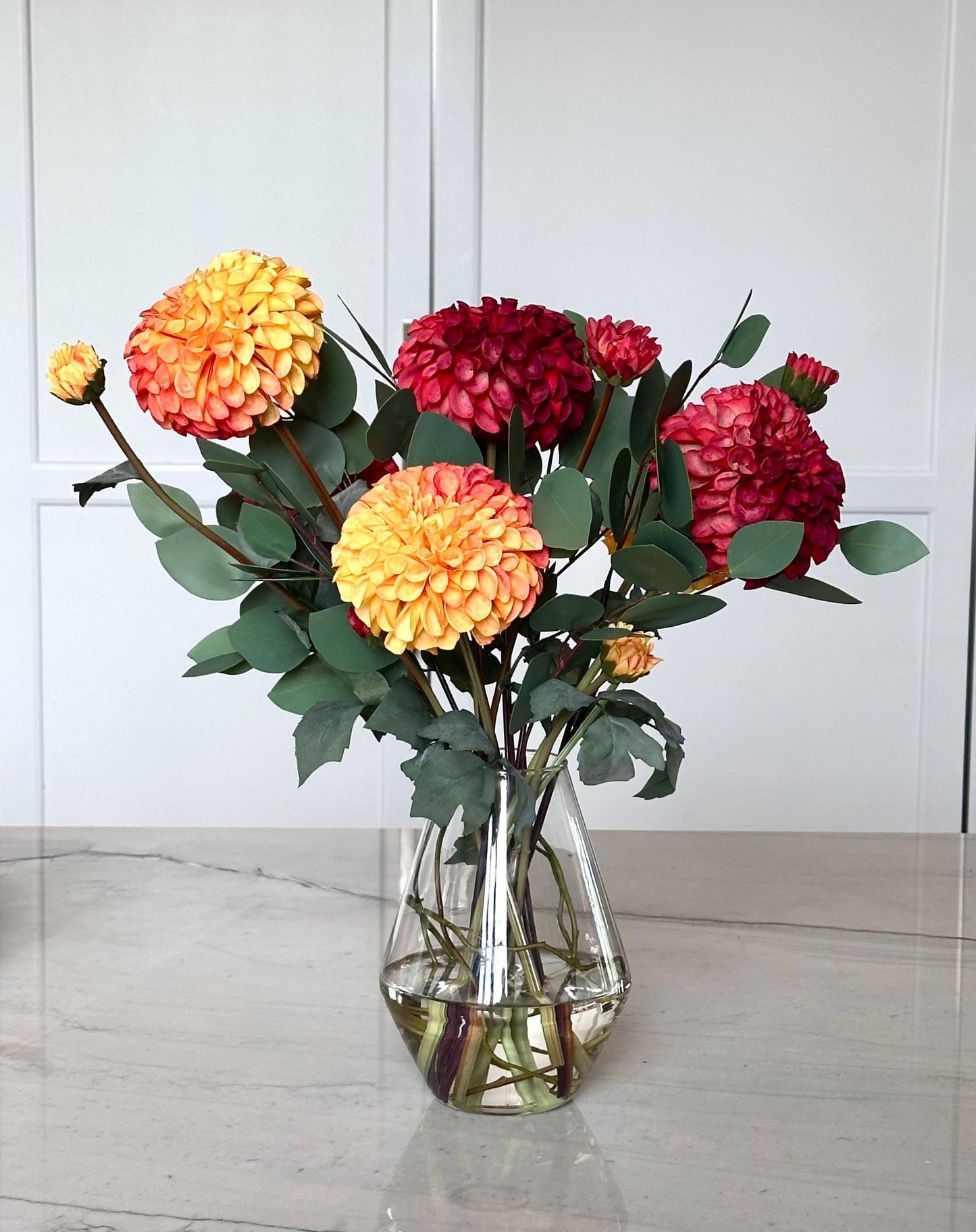 Faux Dahlia and Eucalyptus Arrangement: Orange Yellow Red Floral Centerpiece, Fall Thanksgiving Centerpiece