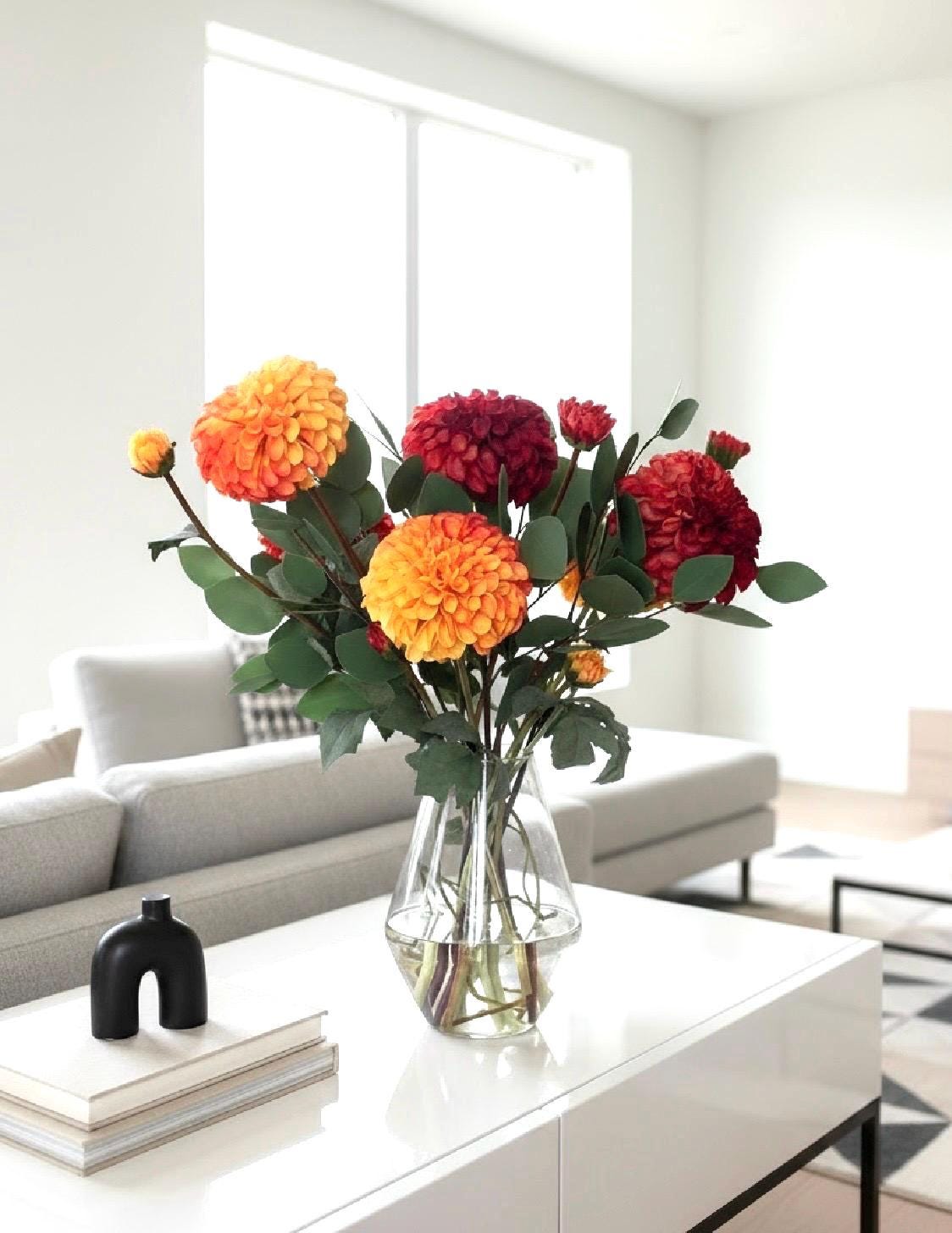 Faux Dahlia and Eucalyptus Arrangement: Orange Yellow Red Floral Centerpiece, Fall Thanksgiving Centerpiece