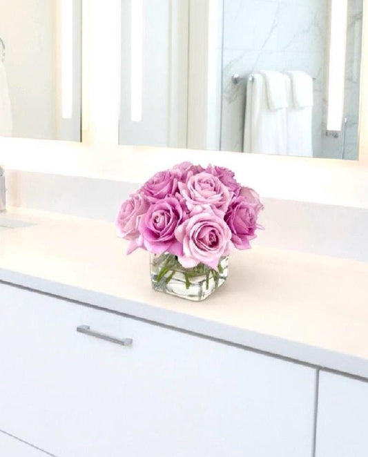 Real Touch Rose Arrangement: Artificial Floral Centerpiece In Square Vase