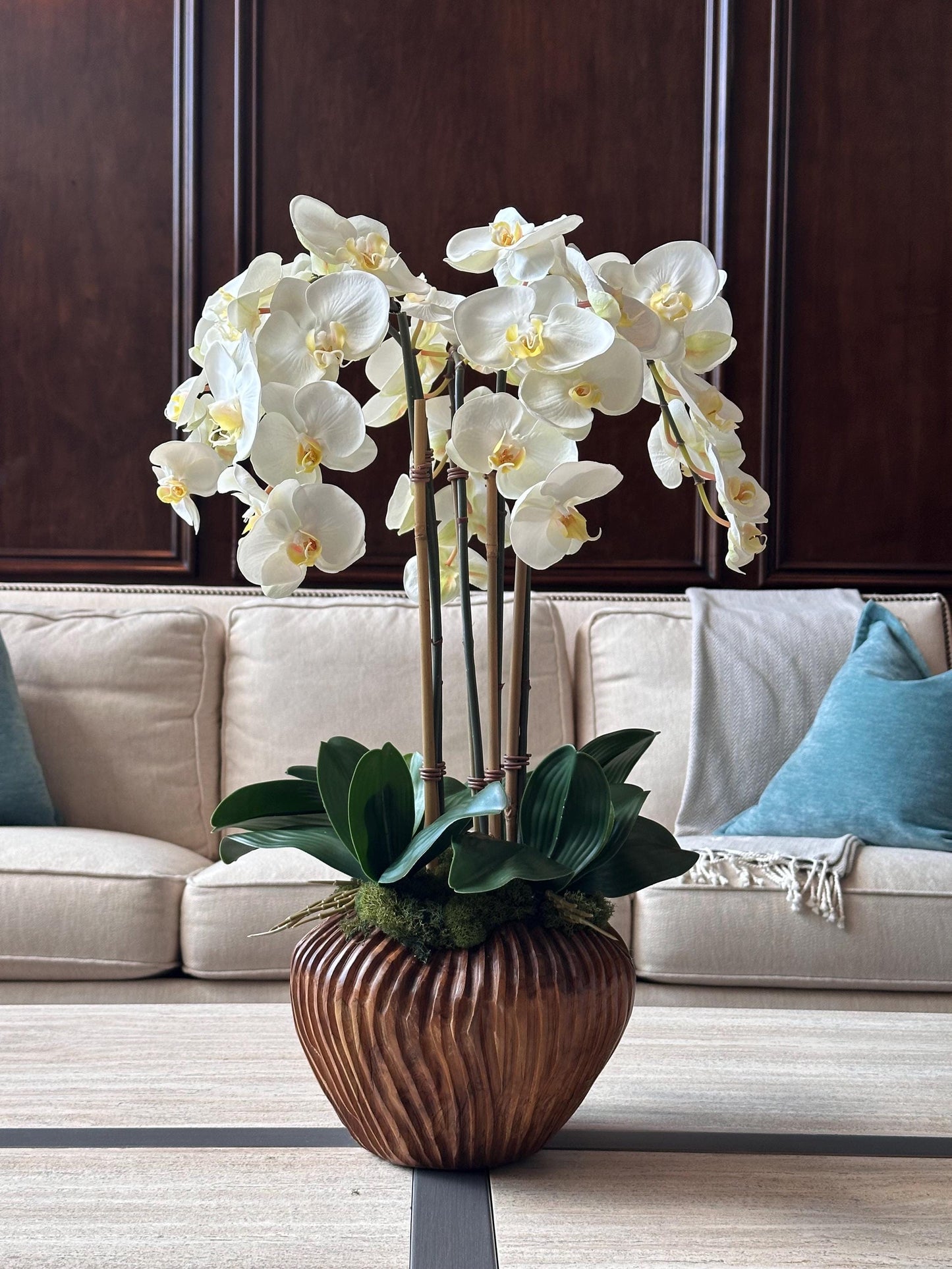 Large Luxury Real-Touch White Orchid Arrangement in Fluted Wood Planter | Coastal Home Decor | 26” Tall Faux Orchid | High-End Realistic Orc