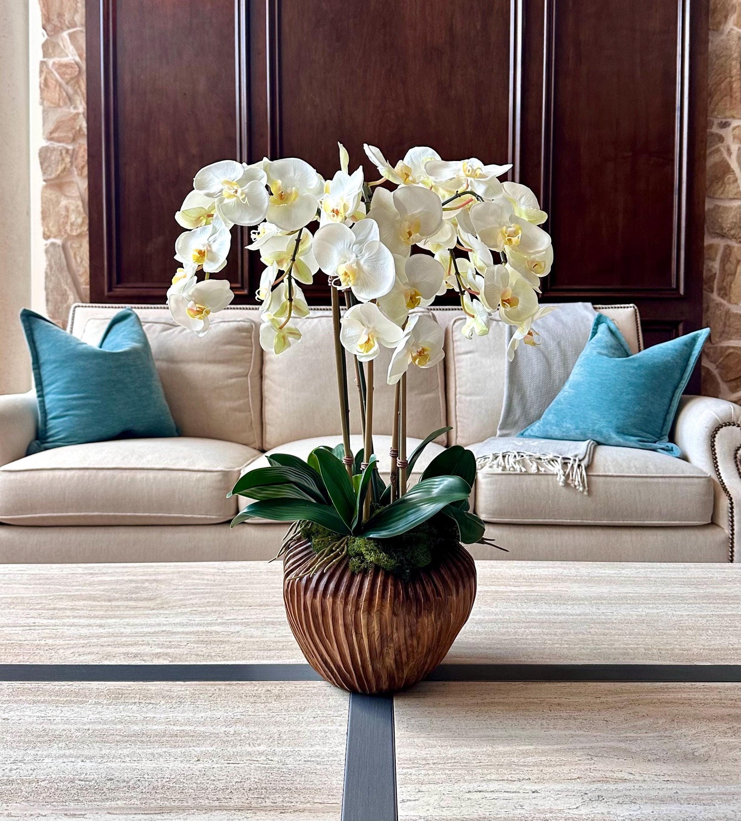 Large Luxury Real-Touch White Orchid Arrangement in Fluted Wood Planter | Coastal Home Decor | 26” Tall Faux Orchid | High-End Realistic Orc