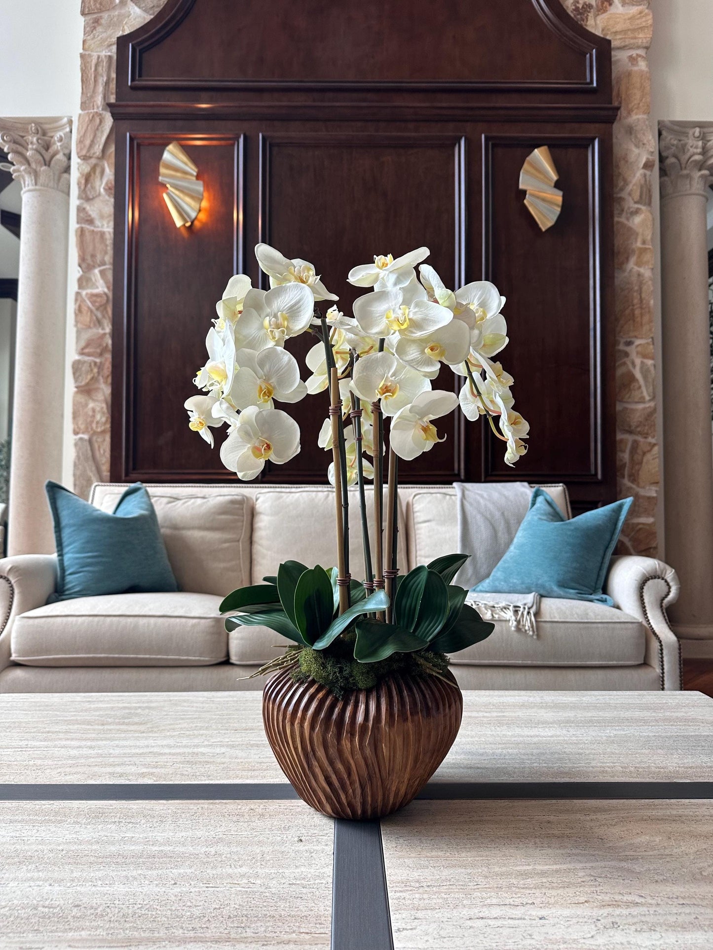 Large Luxury Real-Touch White Orchid Arrangement in Fluted Wood Planter | Coastal Home Decor | 26” Tall Faux Orchid | High-End Realistic Orc