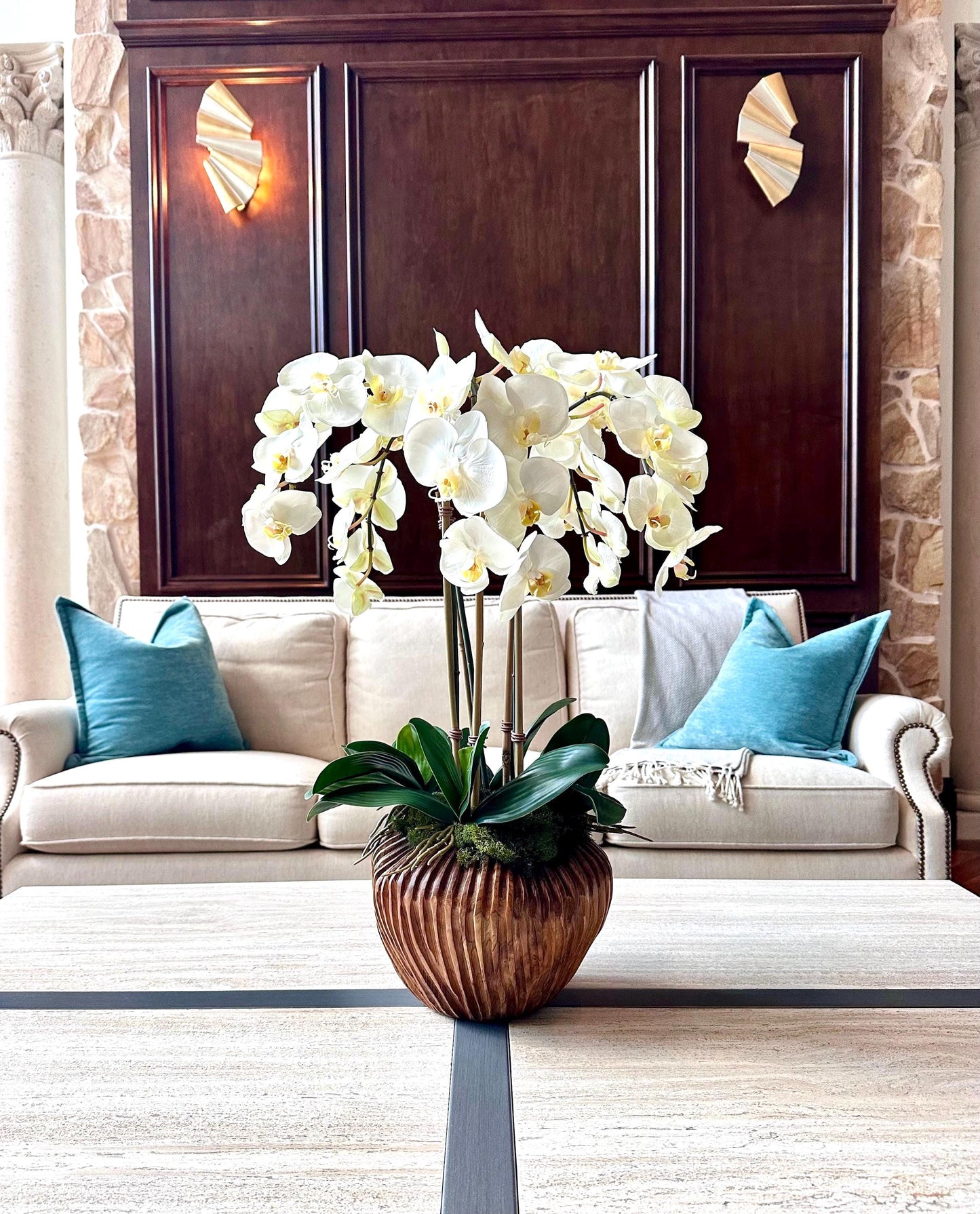 Large Luxury Real-Touch White Orchid Arrangement in Fluted Wood Planter | Coastal Home Decor | 26” Tall Faux Orchid | High-End Realistic Orc
