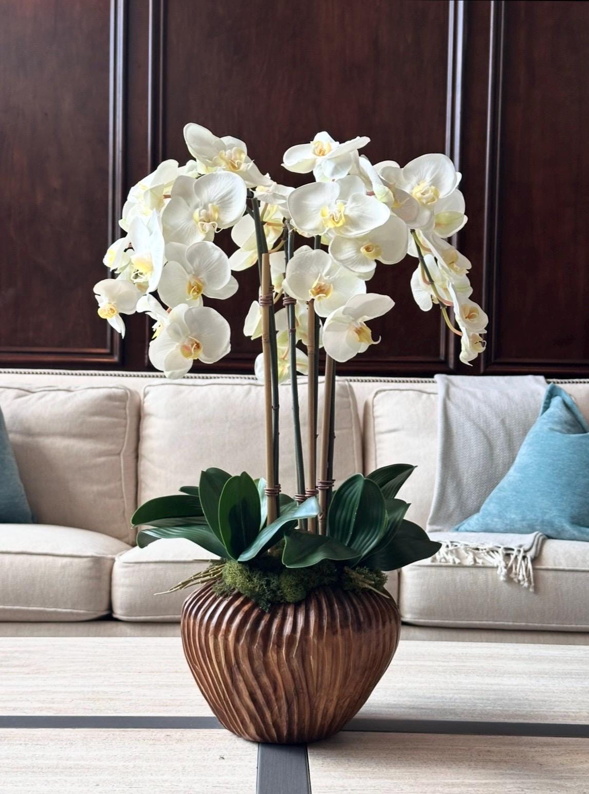 Large Luxury Real-Touch White Orchid Arrangement in Fluted Wood Planter | Coastal Home Decor | 26” Tall Faux Orchid | High-End Realistic Orc