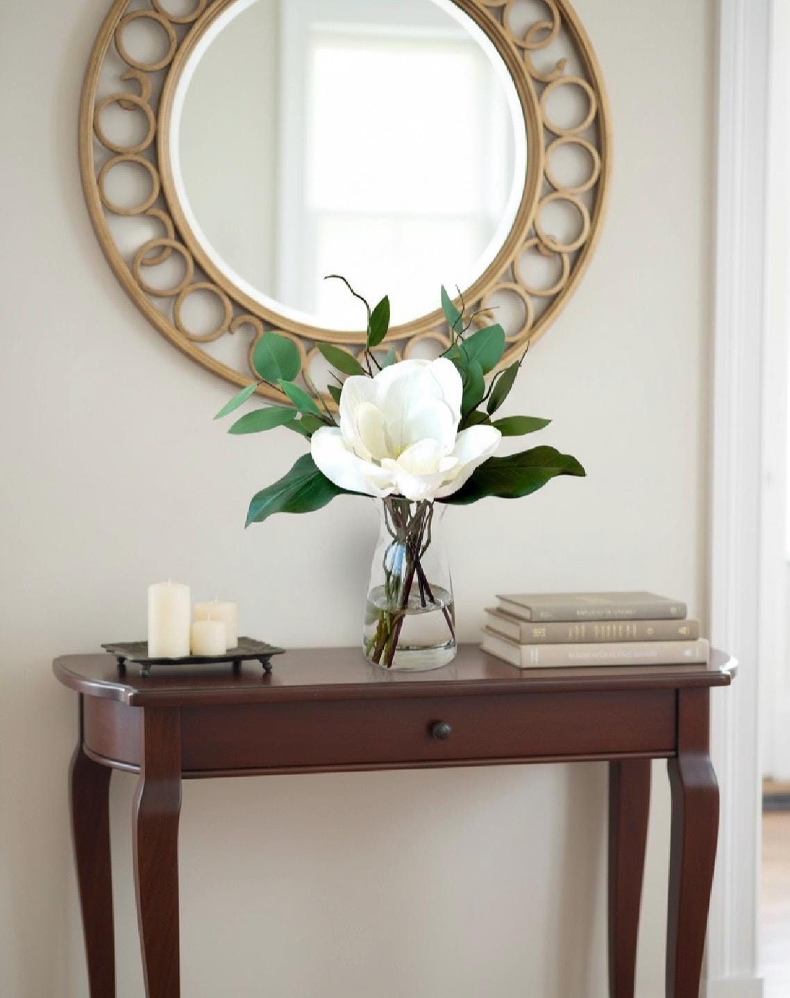 Real Touch White Magnolia & Eucalyptus Centerpiece - Faux Water