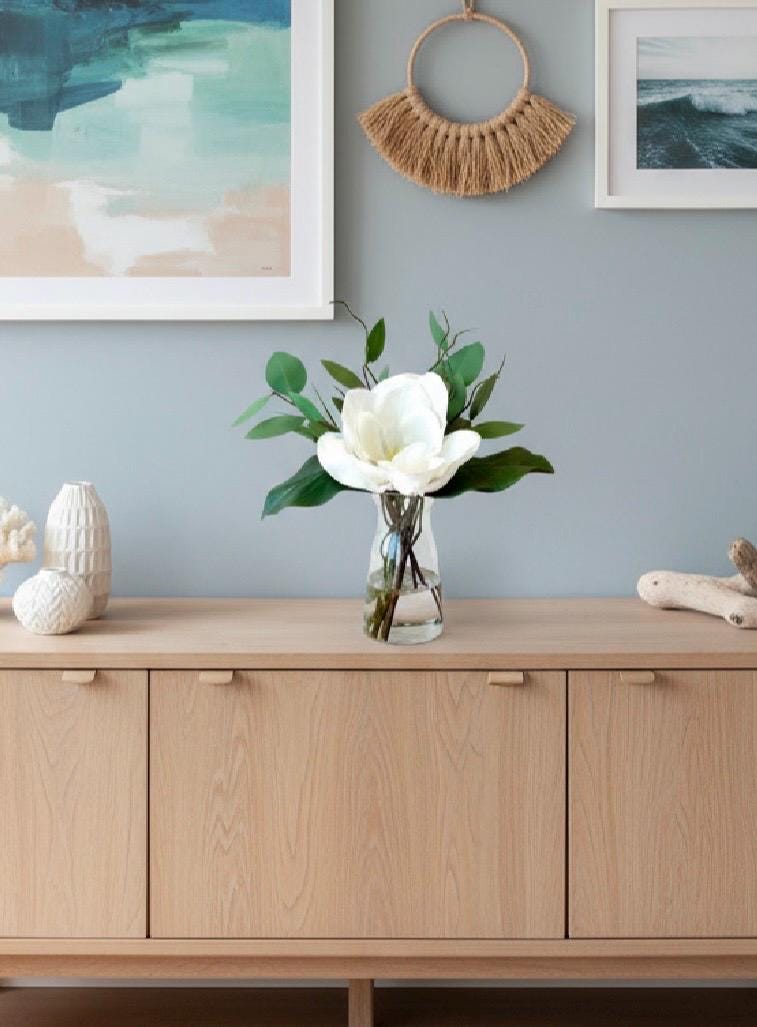 Real Touch White Magnolia & Eucalyptus Centerpiece - Faux Water