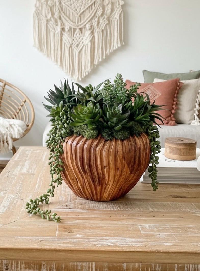 Faux Succulent Arrangement in Wood Planter