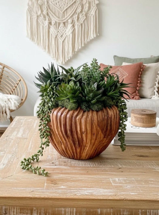 Faux Succulent Arrangement in Wood Planter