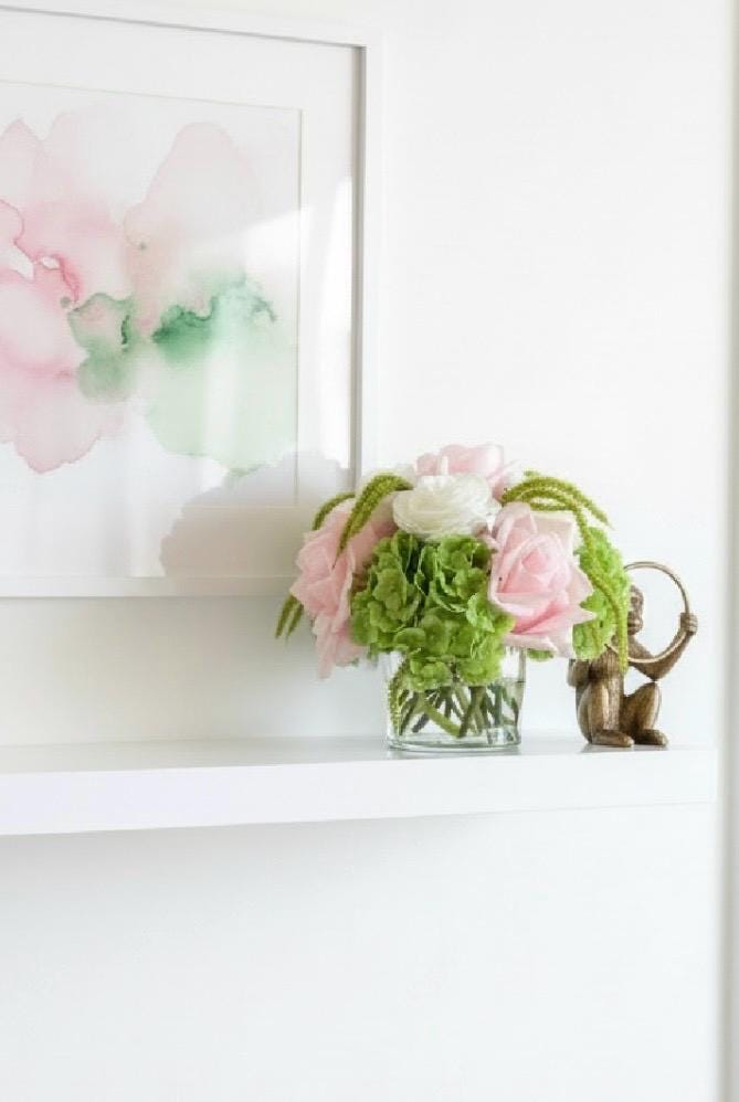 Real Touch Pink, Green, and White Palm Beach Inspired Floral Arrangement: Pink Green Centerpiece