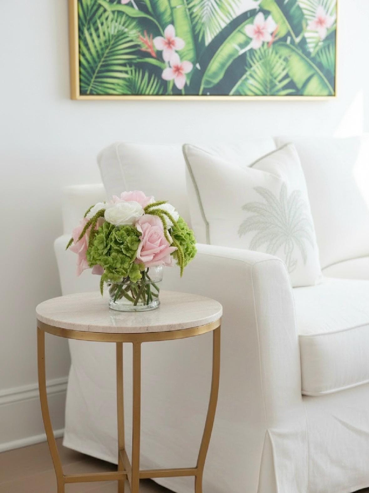 Real Touch Pink, Green, and White Palm Beach Inspired Floral Arrangement: Pink Green Centerpiece