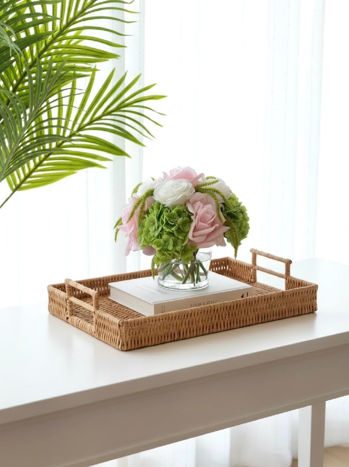 Real Touch Pink, Green, and White Palm Beach Inspired Floral Arrangement: Pink Green Centerpiece