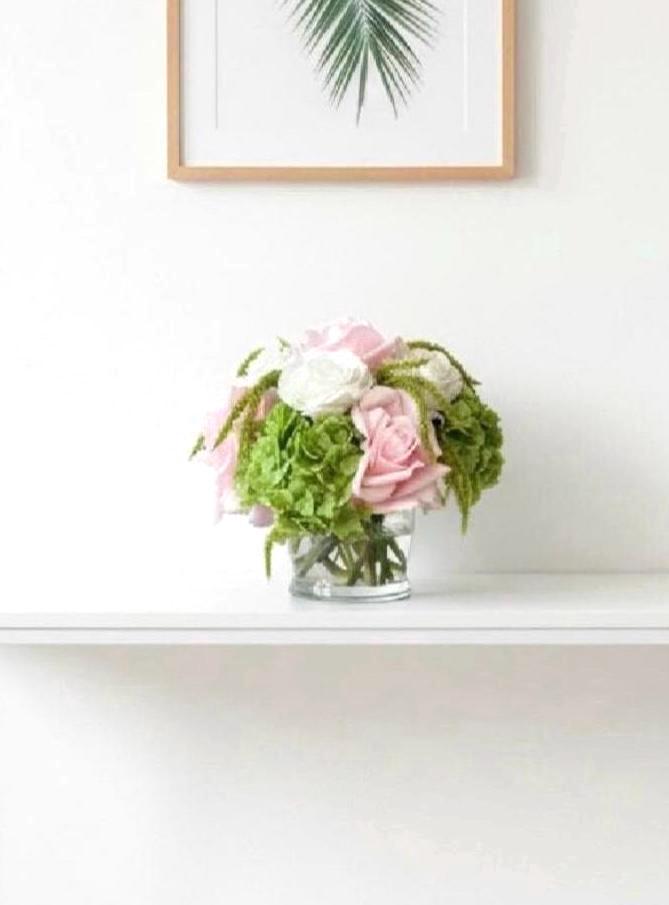 Real Touch Pink, Green, and White Palm Beach Inspired Floral Arrangement: Pink Green Centerpiece