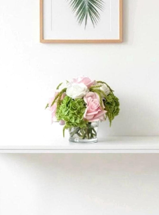 Real Touch Pink, Green, and White Palm Beach Inspired Floral Arrangement: Pink Green Centerpiece