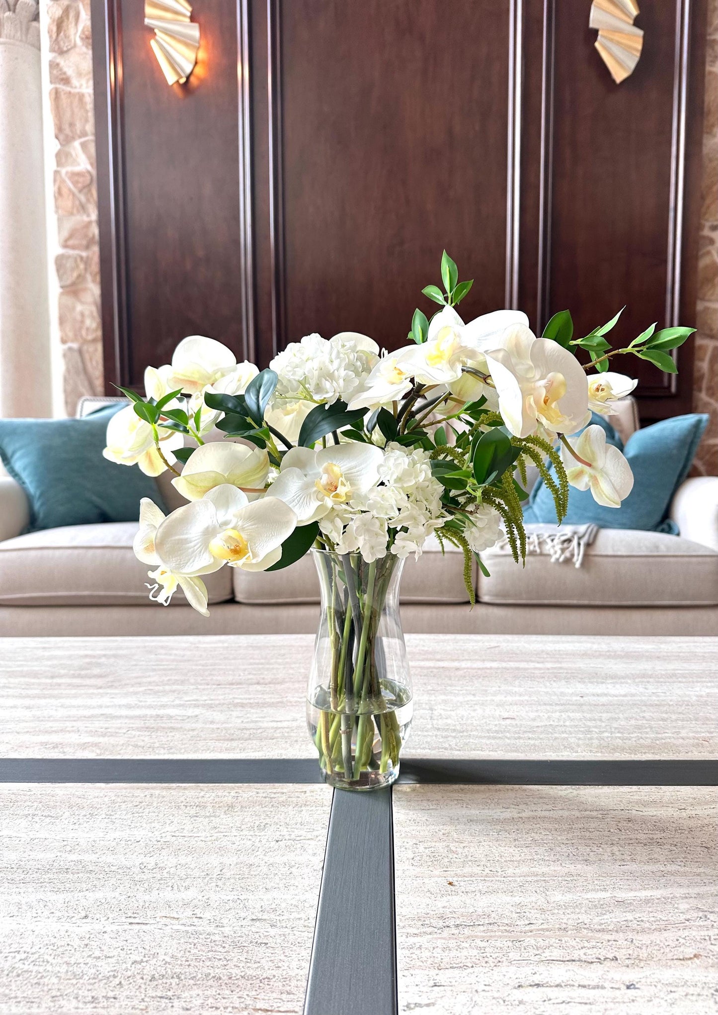 Real-Touch White Orchid Arrangement: Faux Water Glass Vase, Coastal Decor
