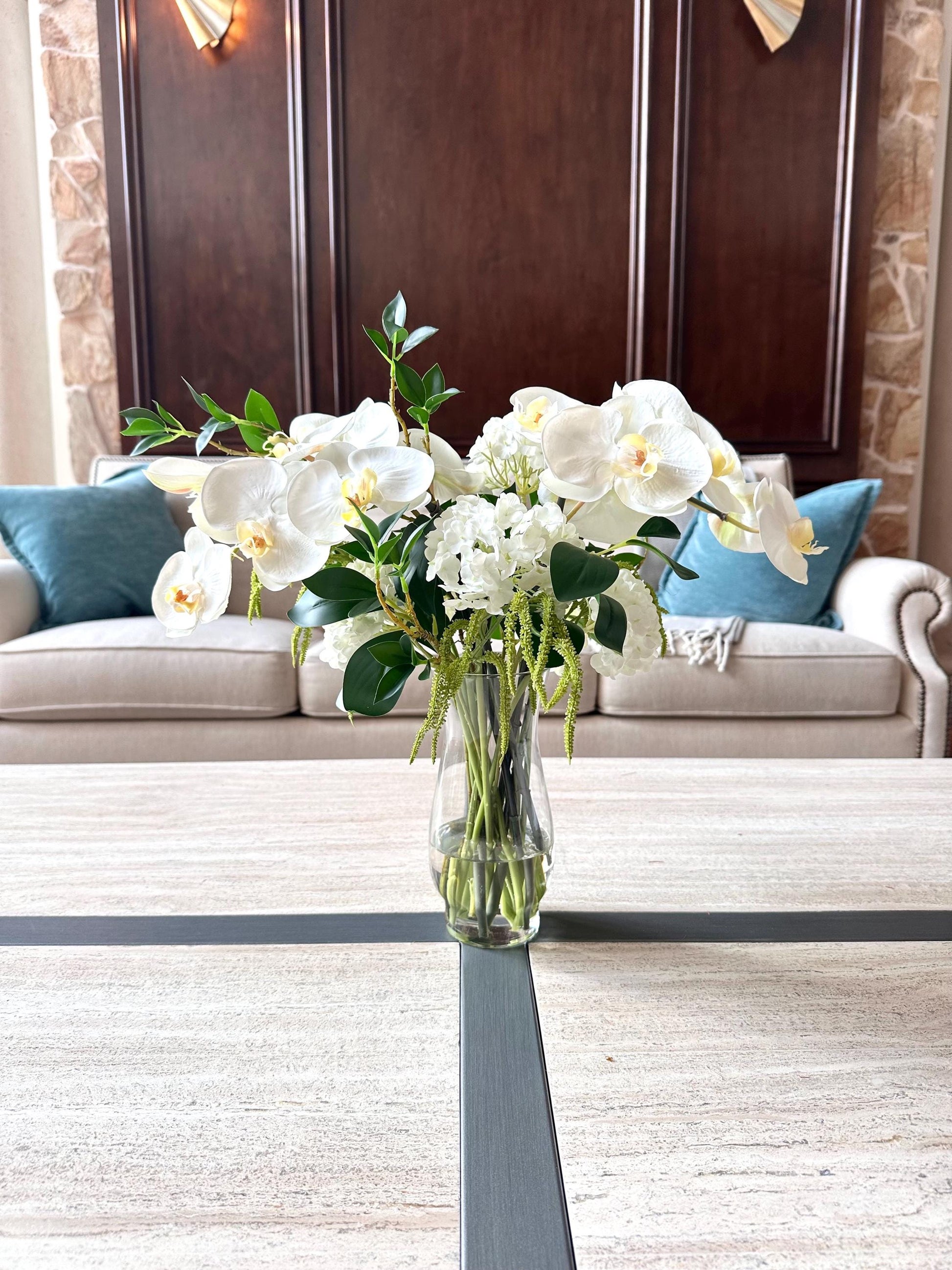 Real-Touch White Orchid Arrangement: Faux Water Glass Vase, Coastal Decor