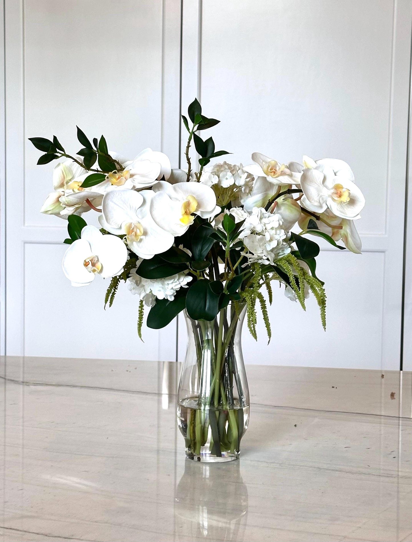 Real-Touch White Orchid Arrangement: Faux Water Glass Vase, Coastal Decor