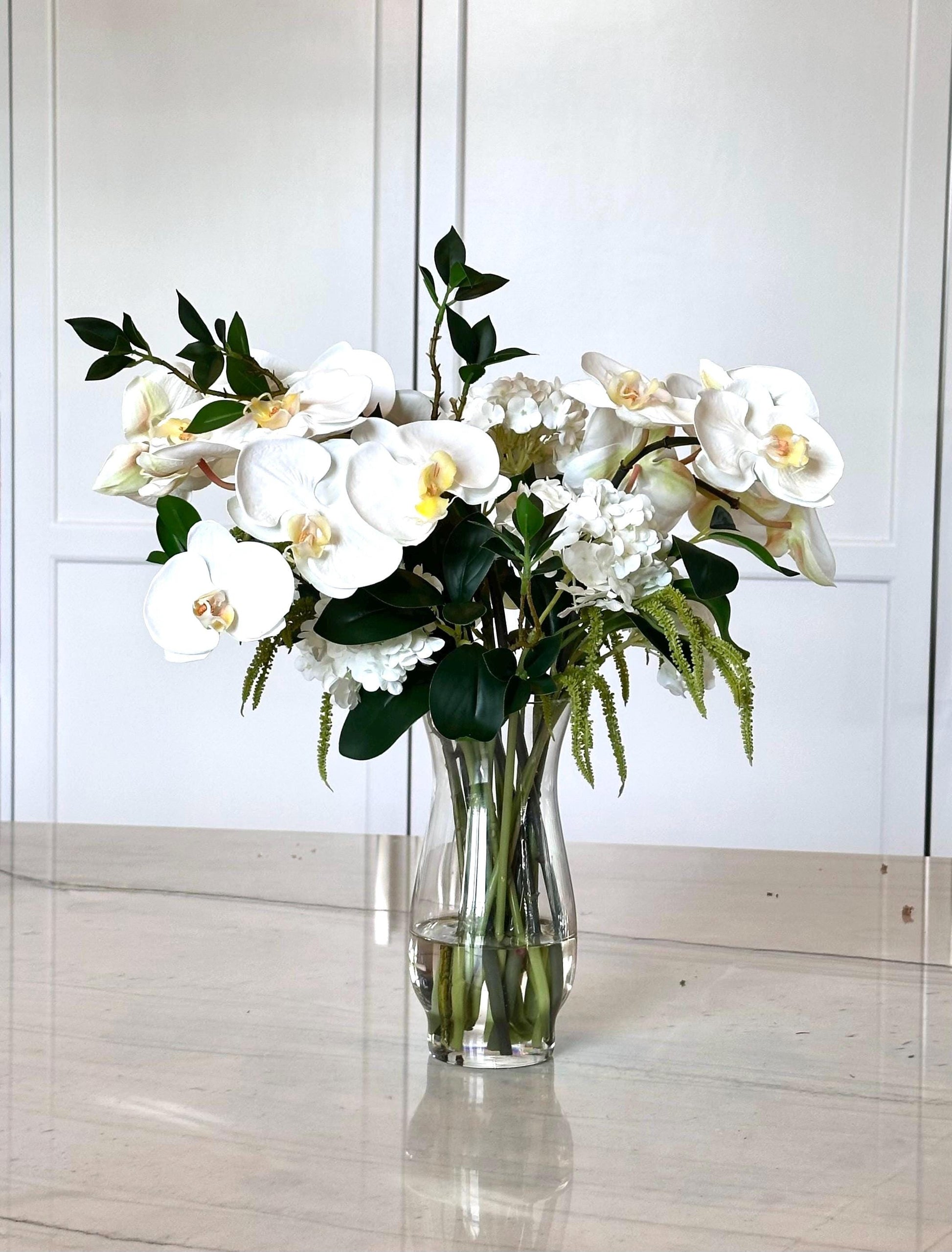 Real-Touch White Orchid Arrangement: Faux Water Glass Vase, Coastal Decor