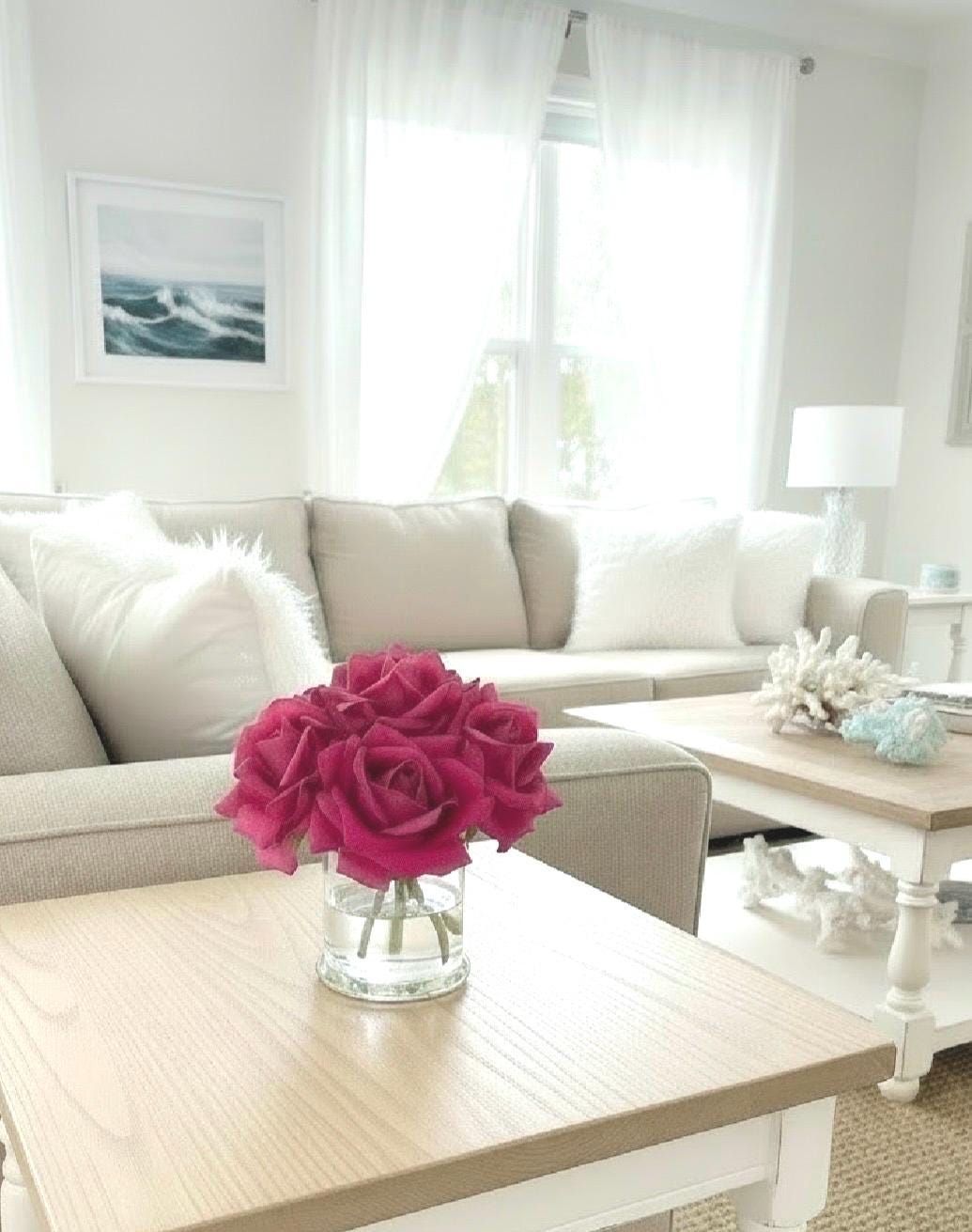 Real Touch Fuchsia Pink Rose Arrangement: Glass Vase, Faux Water (Optional Gift Box)