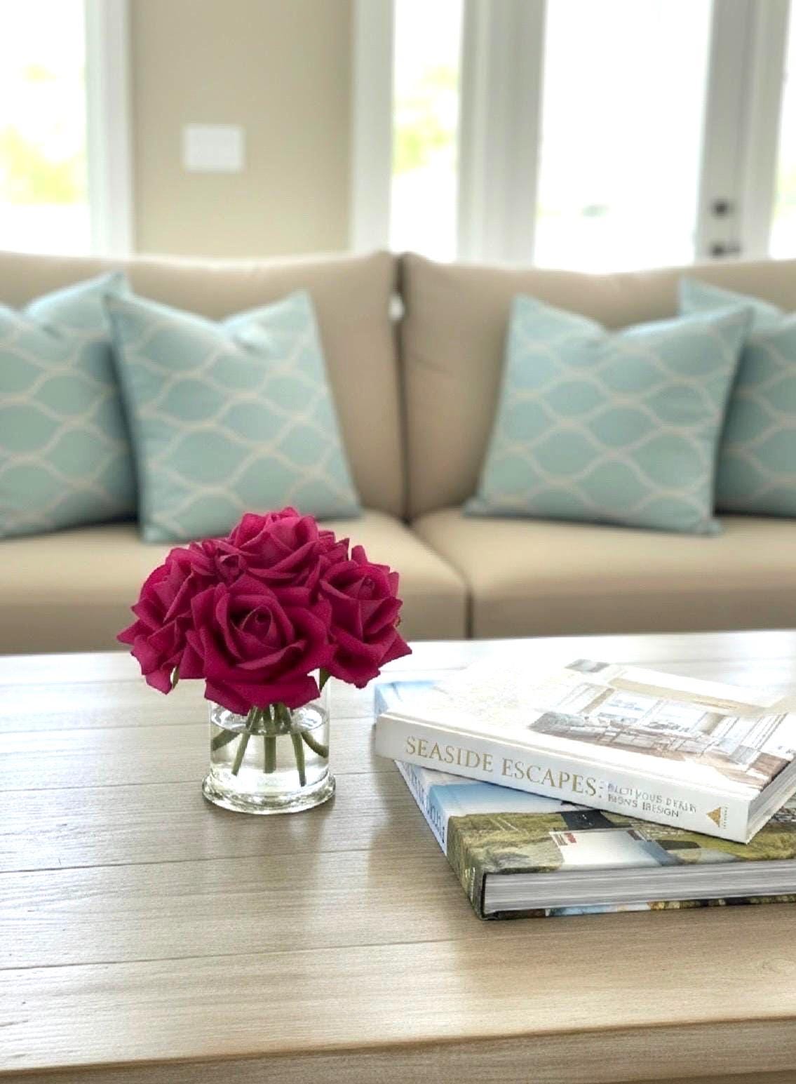 Real Touch Fuchsia Pink Rose Arrangement: Glass Vase, Faux Water (Optional Gift Box)