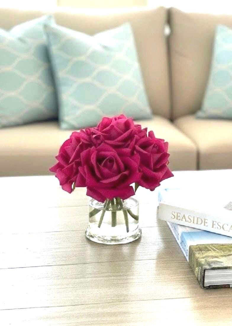 Real Touch Fuchsia Pink Rose Arrangement: Glass Vase, Faux Water (Optional Gift Box)
