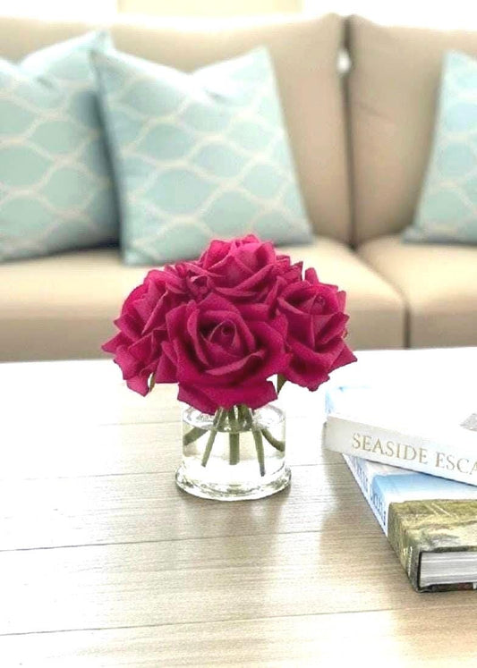 Real Touch Fuchsia Pink Rose Arrangement: Glass Vase, Faux Water (Optional Gift Box)