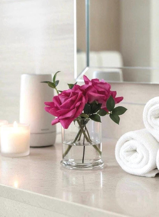 Real Touch Fuchsia Rose Arrangement: Glass Vase, Faux Water (Optional Gift Box)