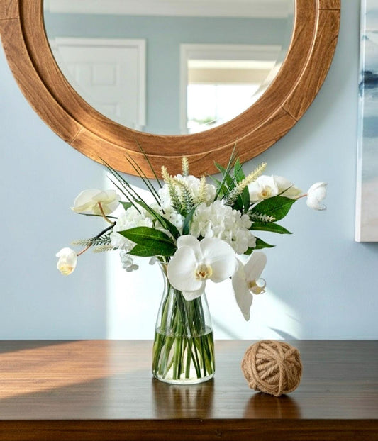 Real-Touch White Orchid Arrangement: Faux Water Glass Vase, Coastal Decor