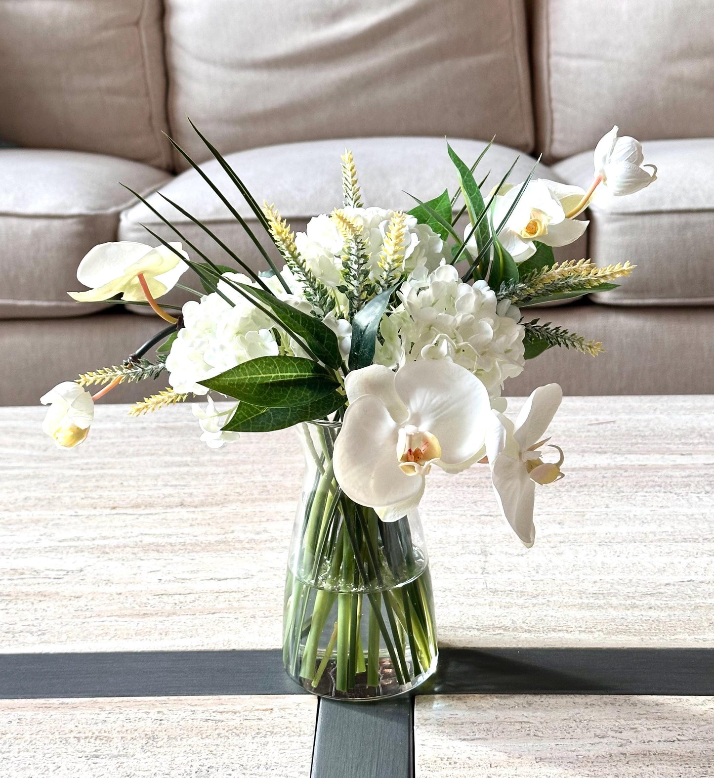 Real-Touch White Orchid Arrangement: Faux Water Glass Vase, Coastal Decor