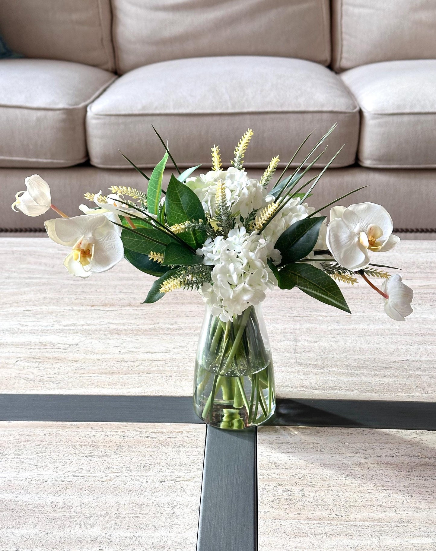 Real-Touch White Orchid Arrangement: Faux Water Glass Vase, Coastal Decor
