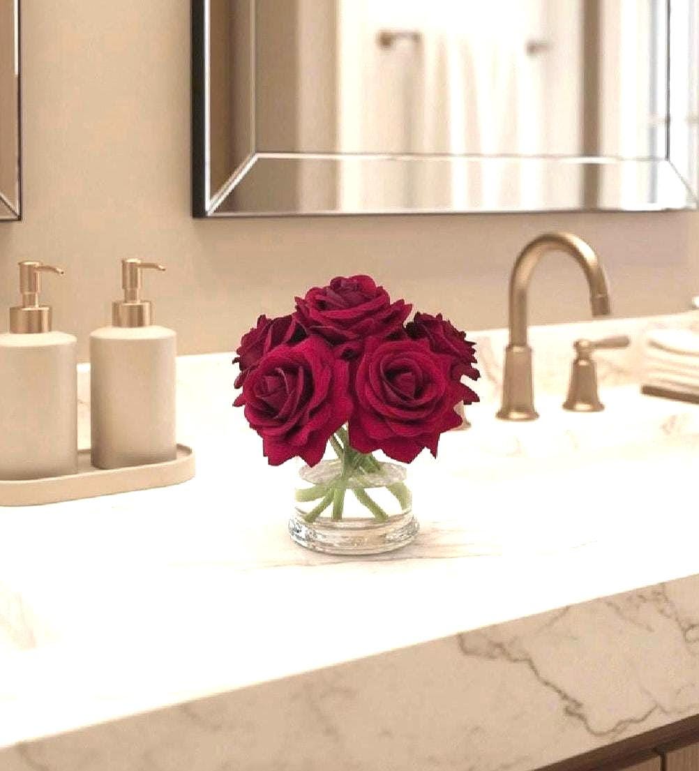 Burgundy Rose Floral Arrangement: Real-Touch Faux Centerpiece, Gift Box