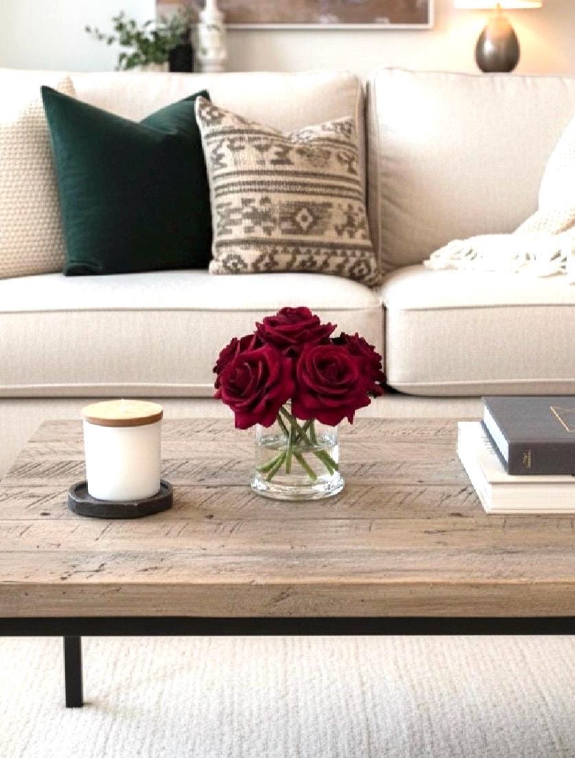 Burgundy Rose Floral Arrangement: Real-Touch Faux Centerpiece, Gift Box