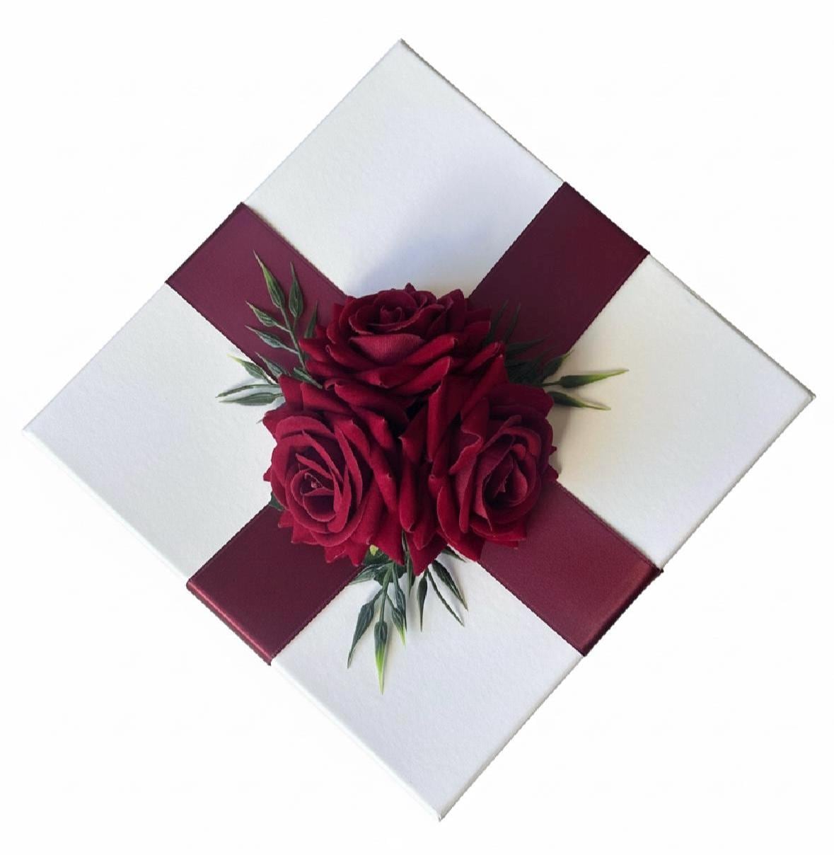 Burgundy Rose Floral Arrangement: Real-Touch Faux Centerpiece, Gift Box