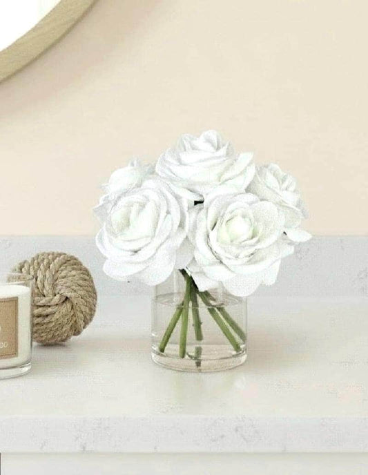 Ivory Rose Arrangement: Faux Floral Centerpiece in Glass Vase