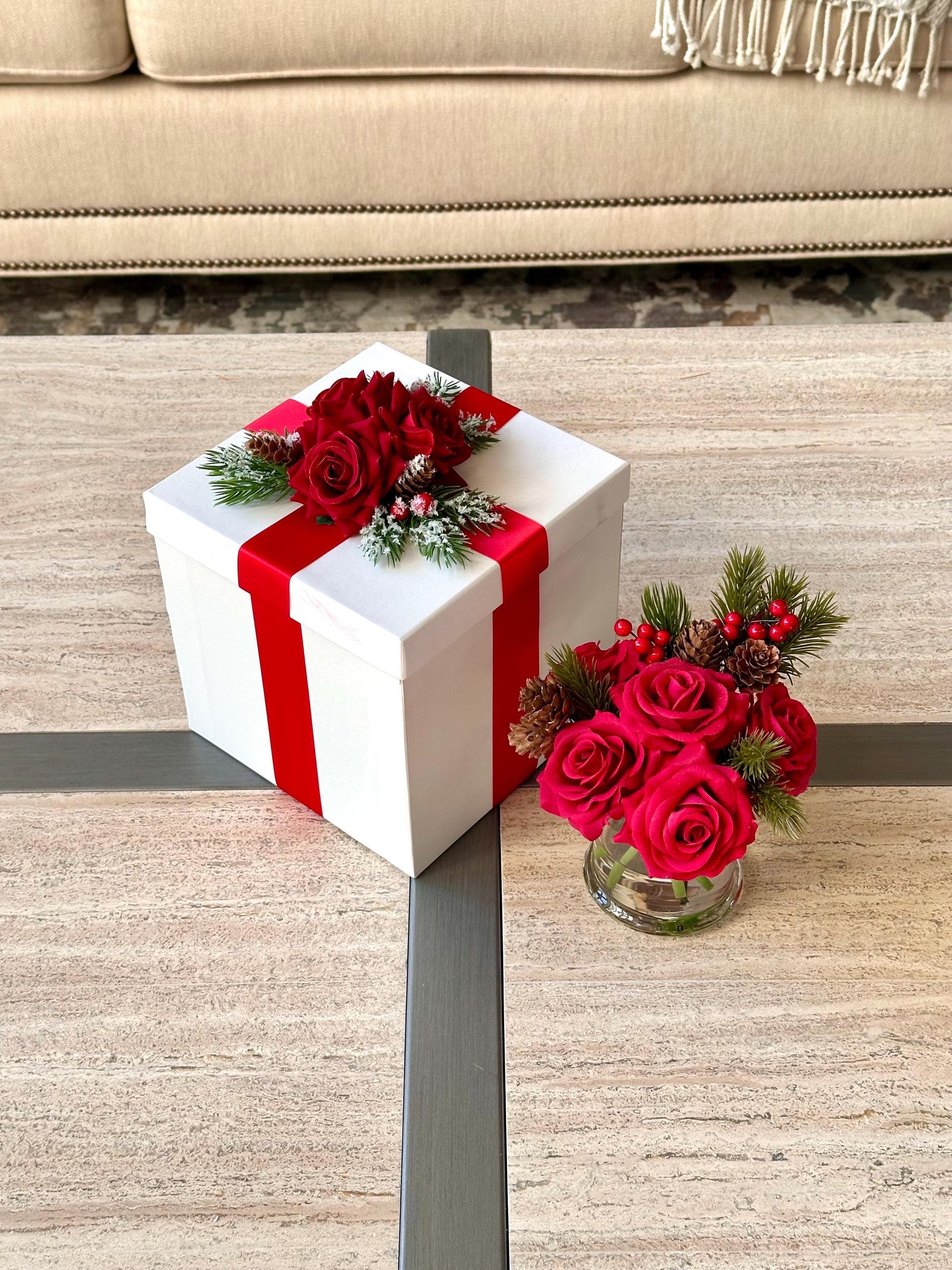 Real Touch Christmas Red Rose Gift Box: Artificial Red Floral Arrangement