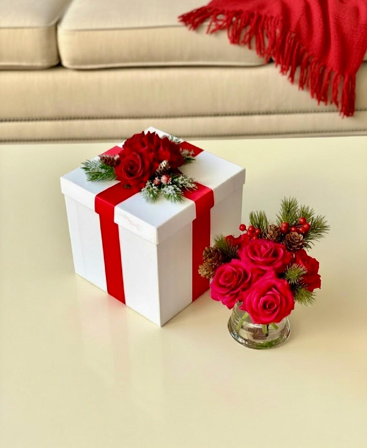 Real Touch Christmas Red Rose Gift Box: Artificial Red Floral Arrangement