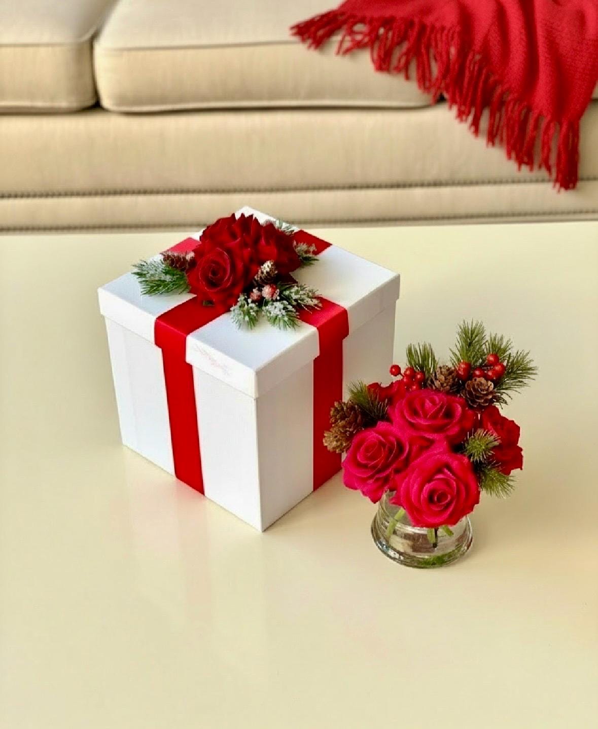 Real Touch Christmas Red Rose Arrangement: Artificial Floral Arrangement
