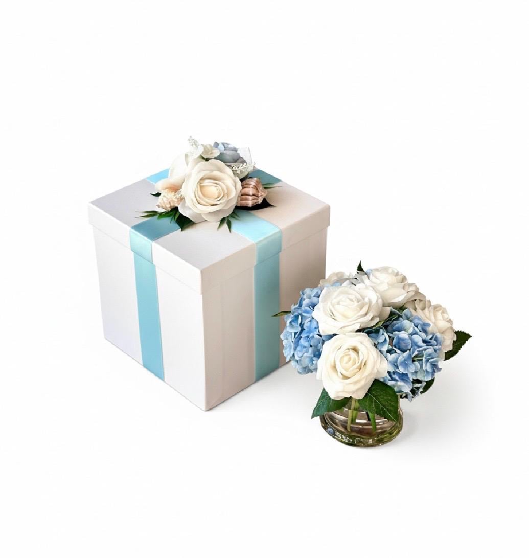 Real Touch Hydrangea & Rose Arrangement: Floral Centerpiece in Glass Vase