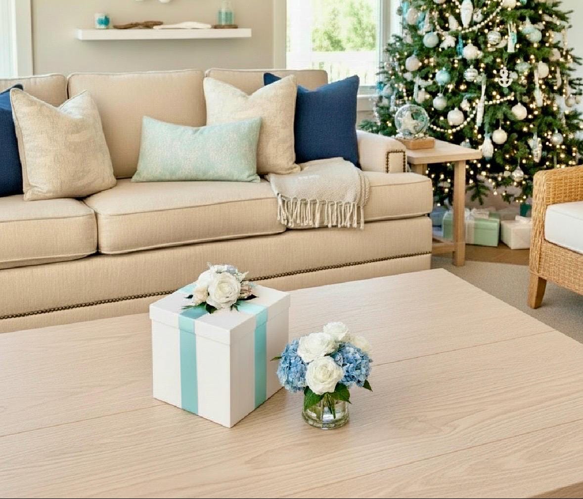 Real Touch Hydrangea & Rose Gift Box Floral Arrangement in Glass Vase and Faux Water