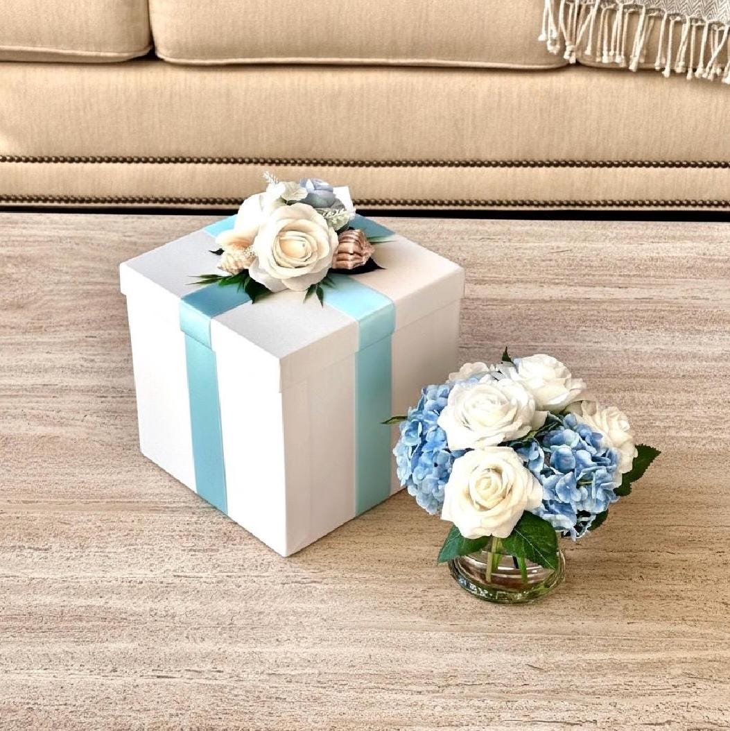 Real Touch Hydrangea & Rose Gift Box Floral Arrangement in Glass Vase and Faux Water