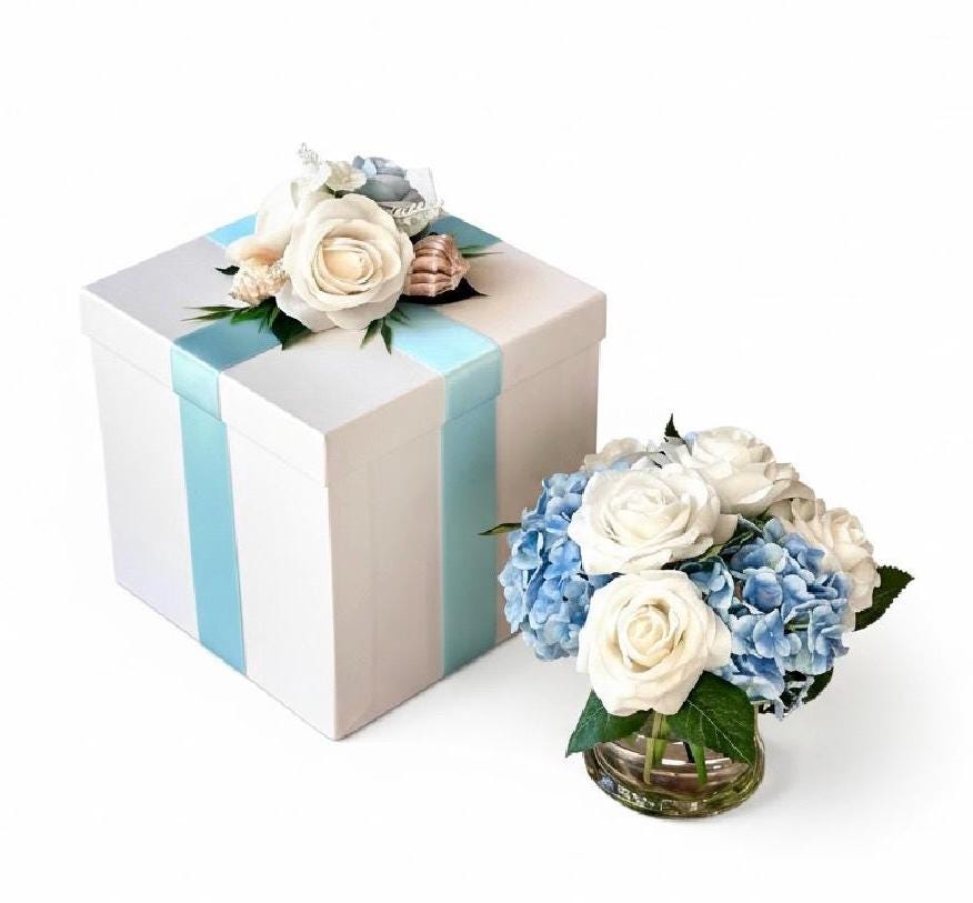 Real Touch Hydrangea & Rose Gift Box Floral Arrangement in Glass Vase and Faux Water