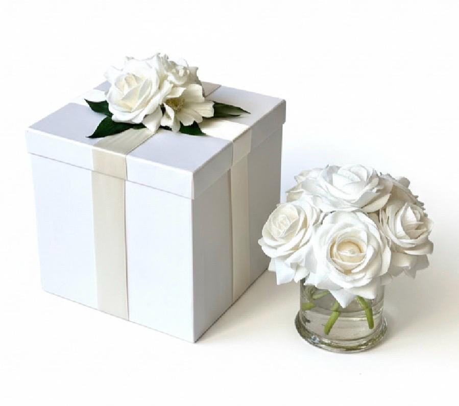Ivory Rose Arrangement: Faux Floral Centerpiece, Luxury Gift Box