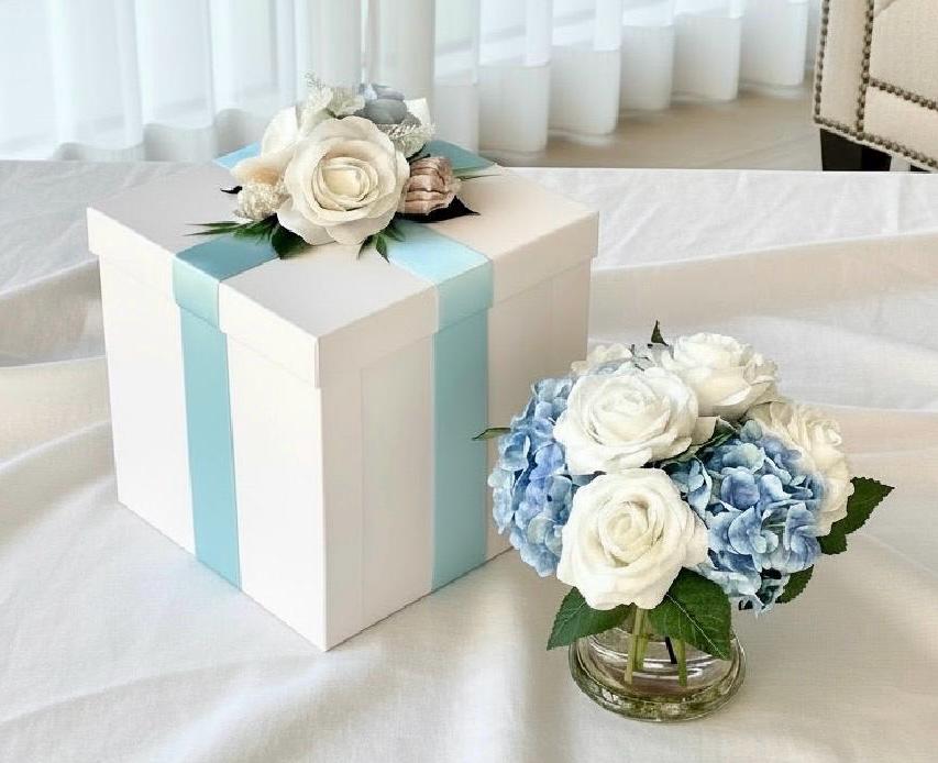 Real Touch Hydrangea & Rose Gift Box Floral Arrangement in Glass Vase and Faux Water