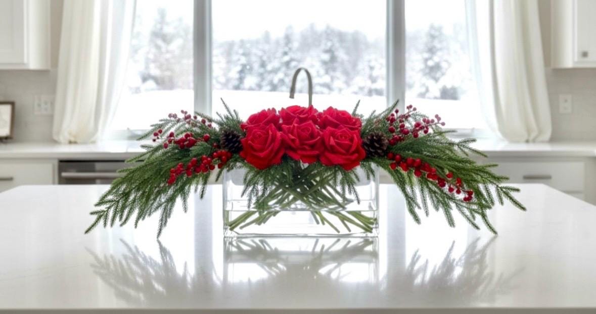 Real Touch Rose & Pine Cone Arrangement: Christmas Centerpiece