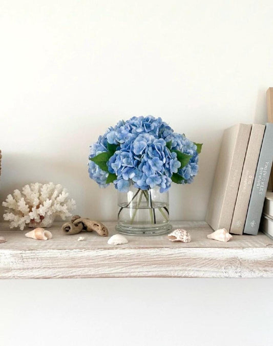 Real Touch Blue Hydrangea Centerpiece: Faux Floral Arrangement in Glass Vase by