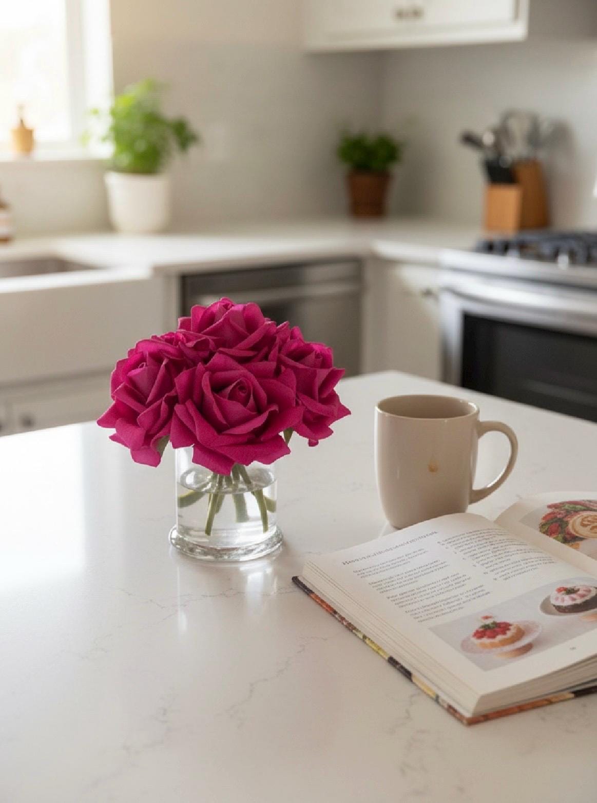Real Touch Fuchsia Pink Rose Arrangement: Glass Vase, Faux Water (Optional Gift Box)