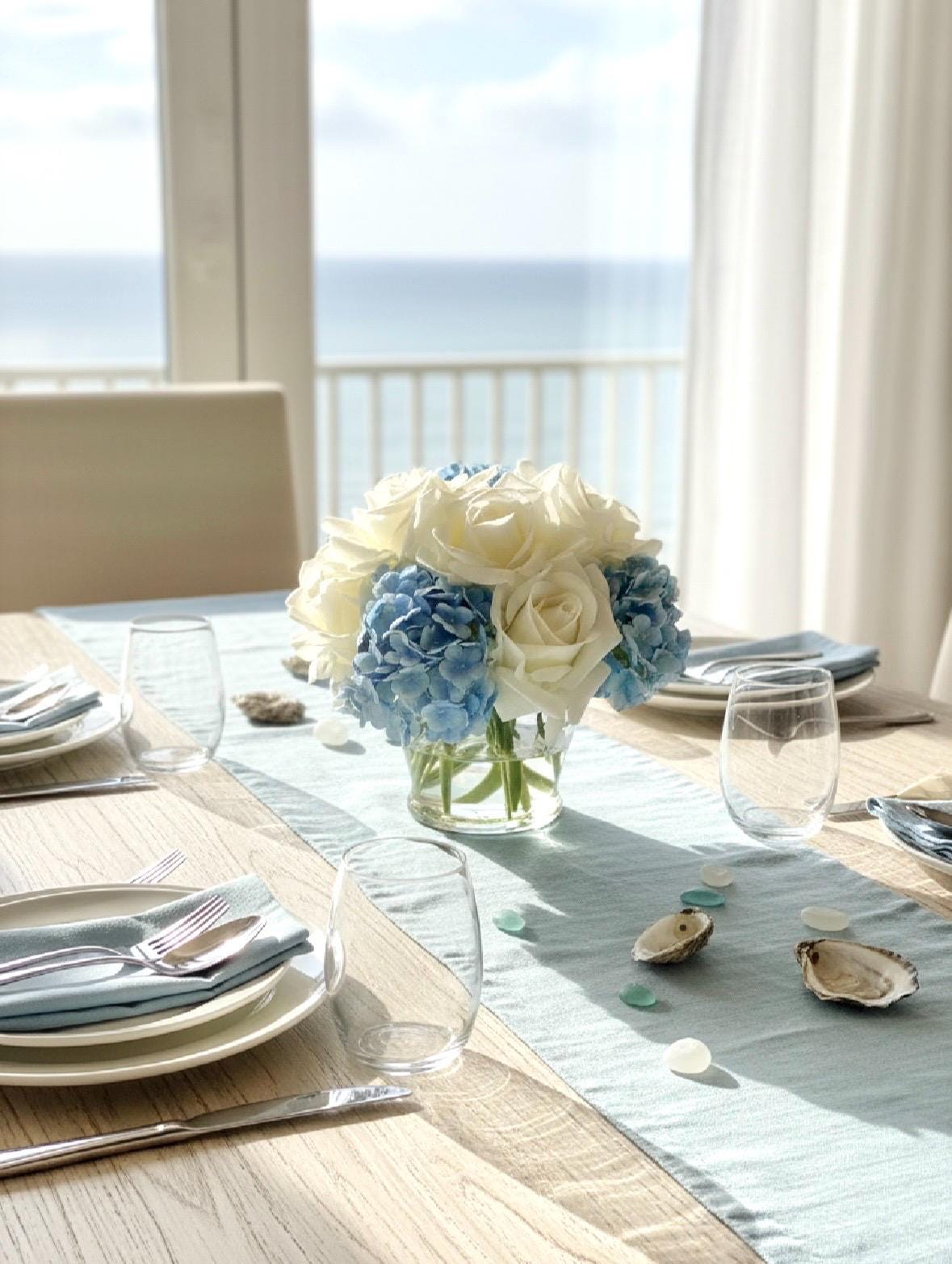 Real Touch Floral Decor Hydrangea & Rose Arrangement, Floral Centerpiece in Glass Vase