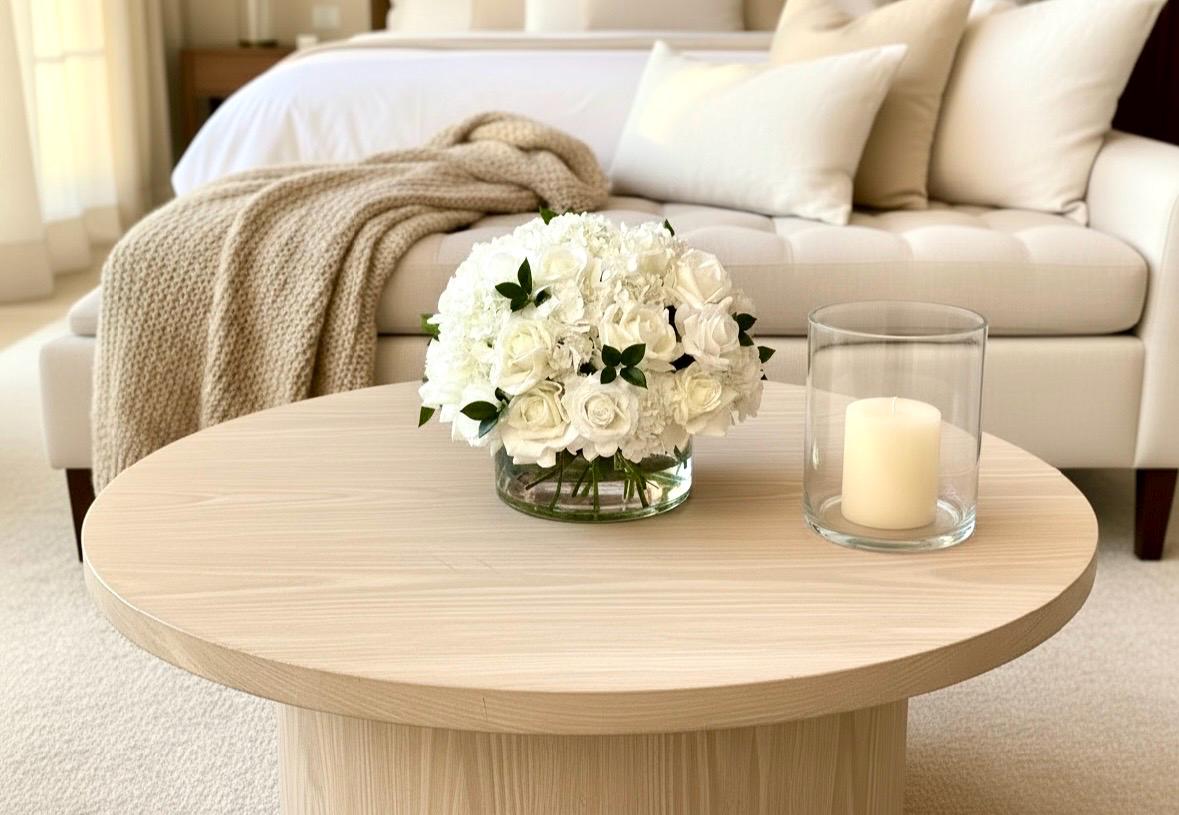 Real Touch White Hydrangea Centerpiece: Ivory Rose Faux Floral Arrangement