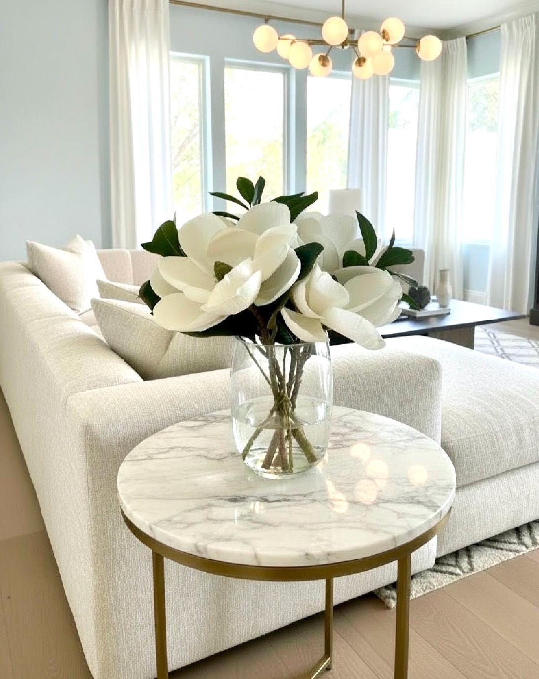 Real Touch White Magnolia & Greenery Centerpiece - Faux Water