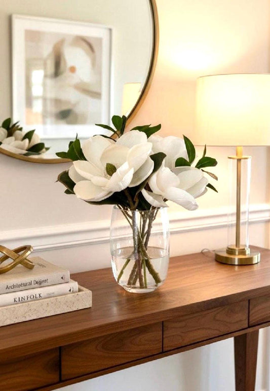 Luxury Real-Touch Magnolia & Greenery Arrangement in Glass Vase (15” × 15”)