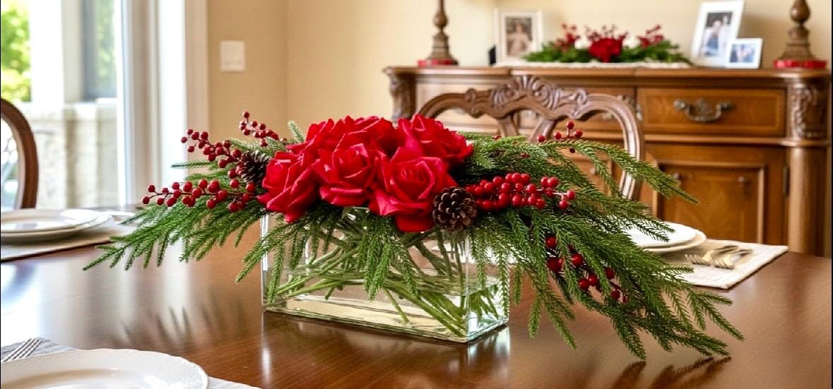 Real Touch Rose & Pine Cone Arrangement: Christmas Centerpiece